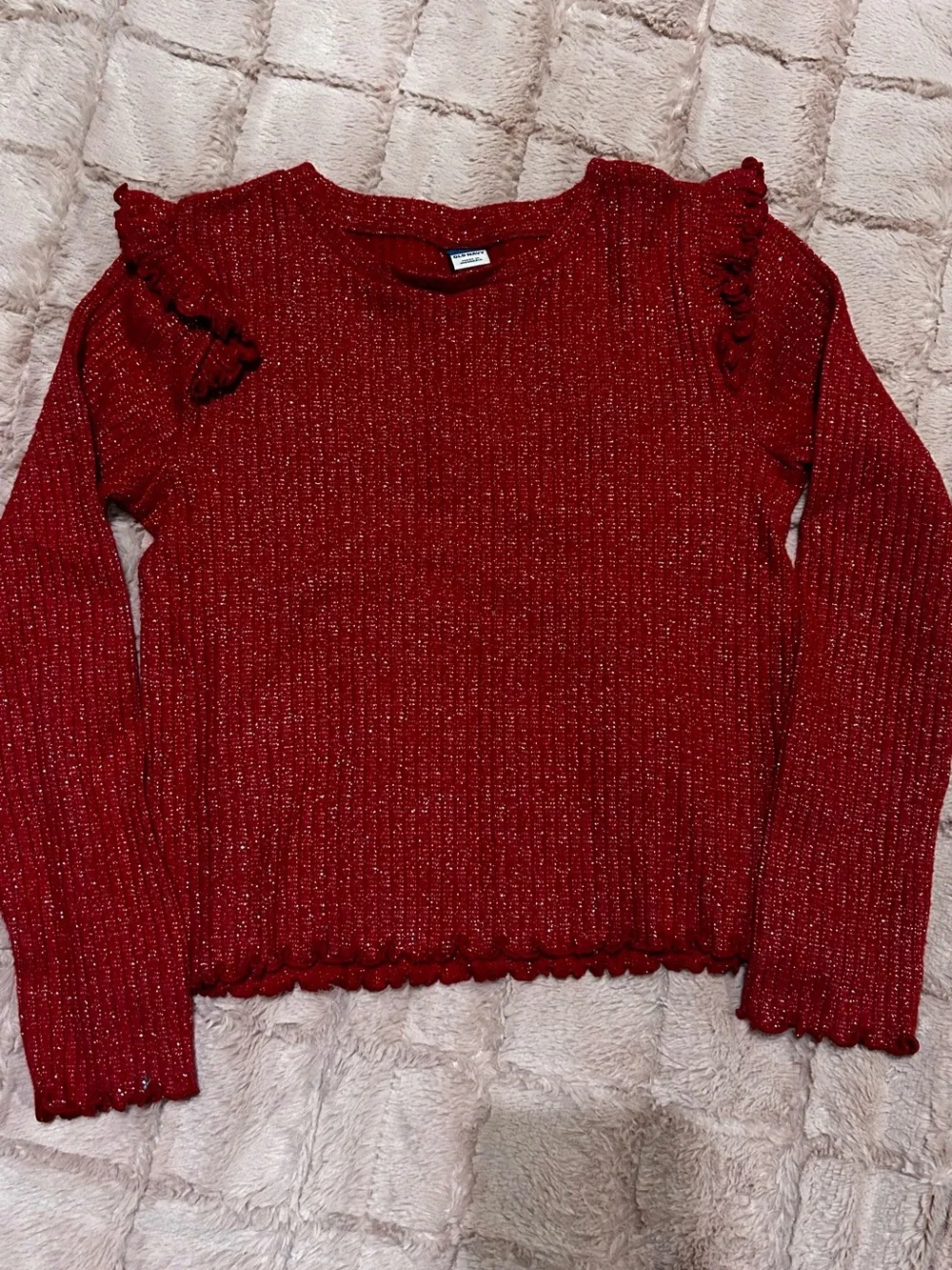 Red Metallic Ruffle Shoulder Sweater - Girls